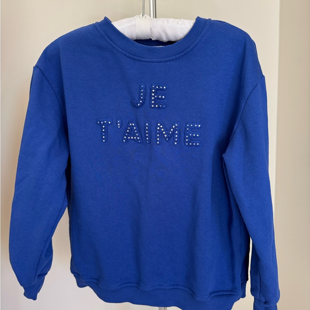 So® Girls Blue “JE T’AIME” Rhinestone Sweatshirt | Girls XL (16)